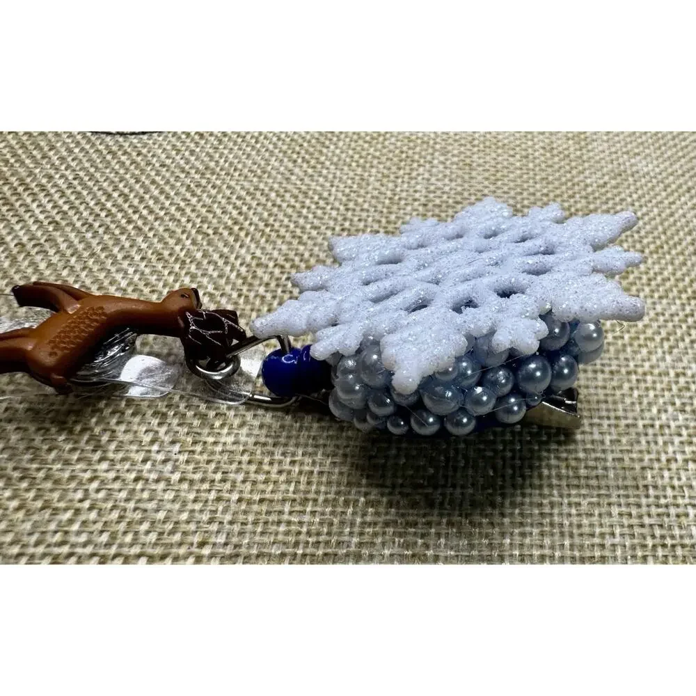 Snowflake On Blue Pearls with Deer Retractable Badge Holder Handmade